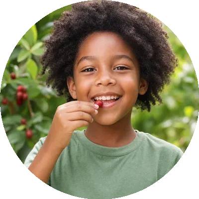 ミラクルフルーツを笑顔で食べる子供